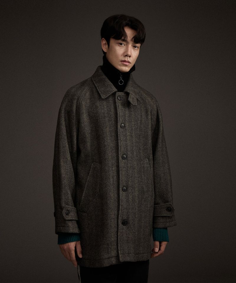 BALMACAAN HERRINGBONE WOOL CASHMERE HALF COAT BLACK