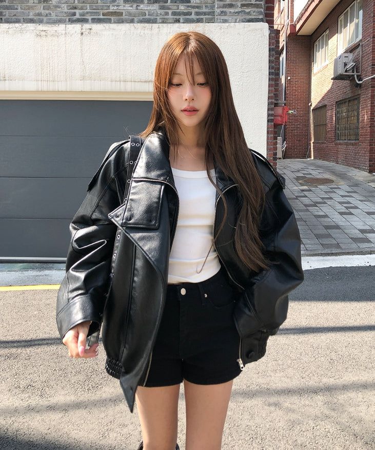 Saint High-Neck Unbalanced Leather Jacket
