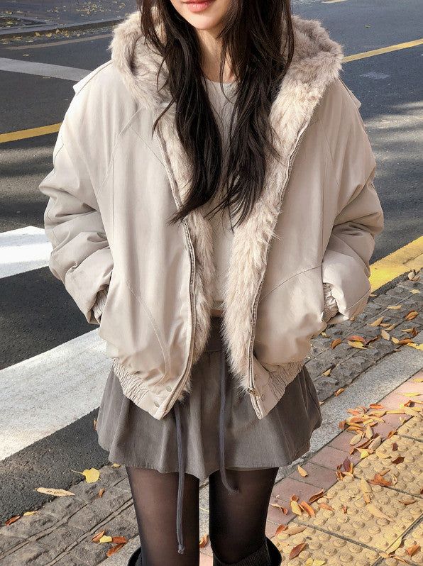 #Fur Hood Crop Zip-up Jumper (2color)