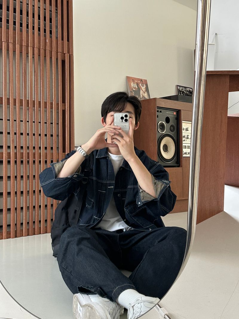LMN log Oversized fit stitch denim setup jacket (2 colors)