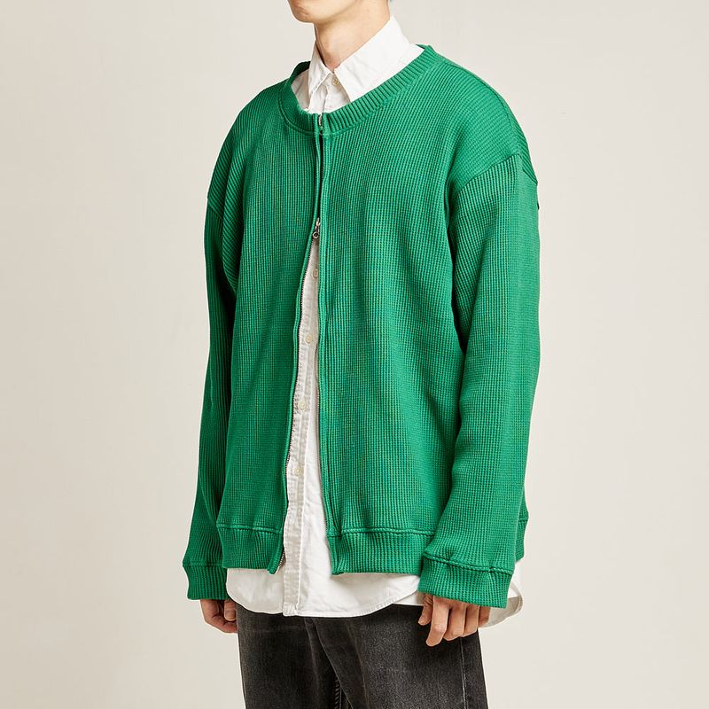 DAMP 2-WAY ZIP-UP WAFFLE CARDIGAN_GREEN