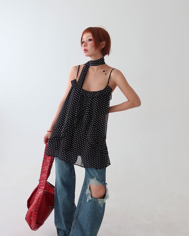 Tie set leopard print dot bustier long blouse