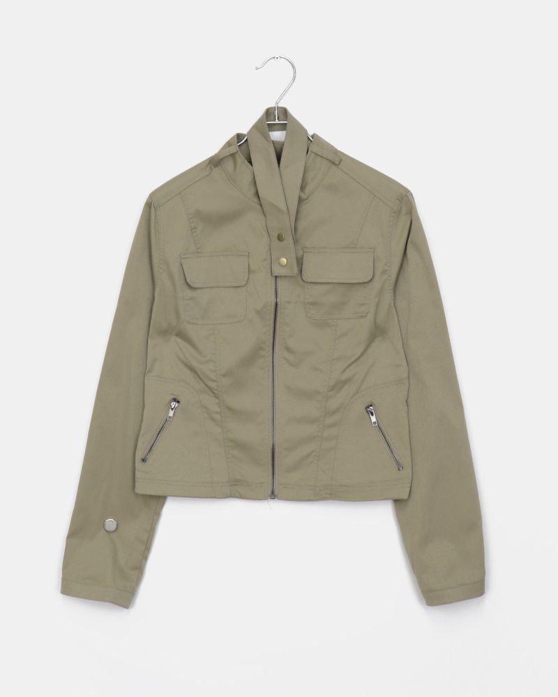 Muhee No Collar Neck Strap Two-Burton Two-Pocket Crop Jacket