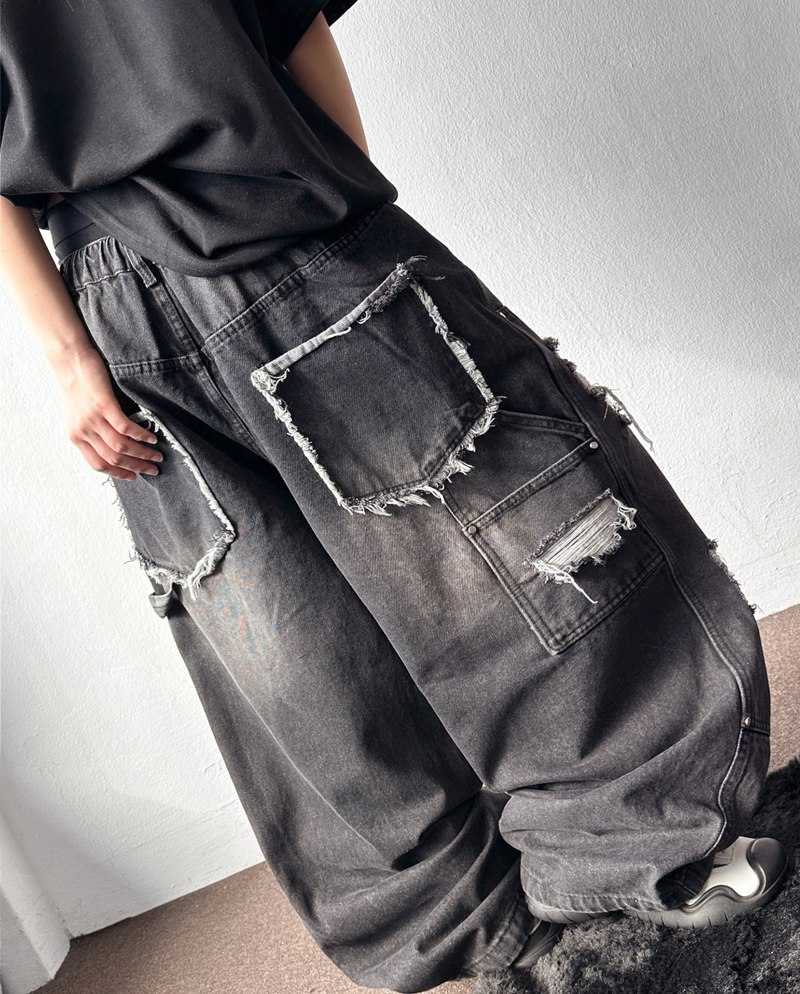 Coco Distressed Fringe Carpenter Denim Pants 2color