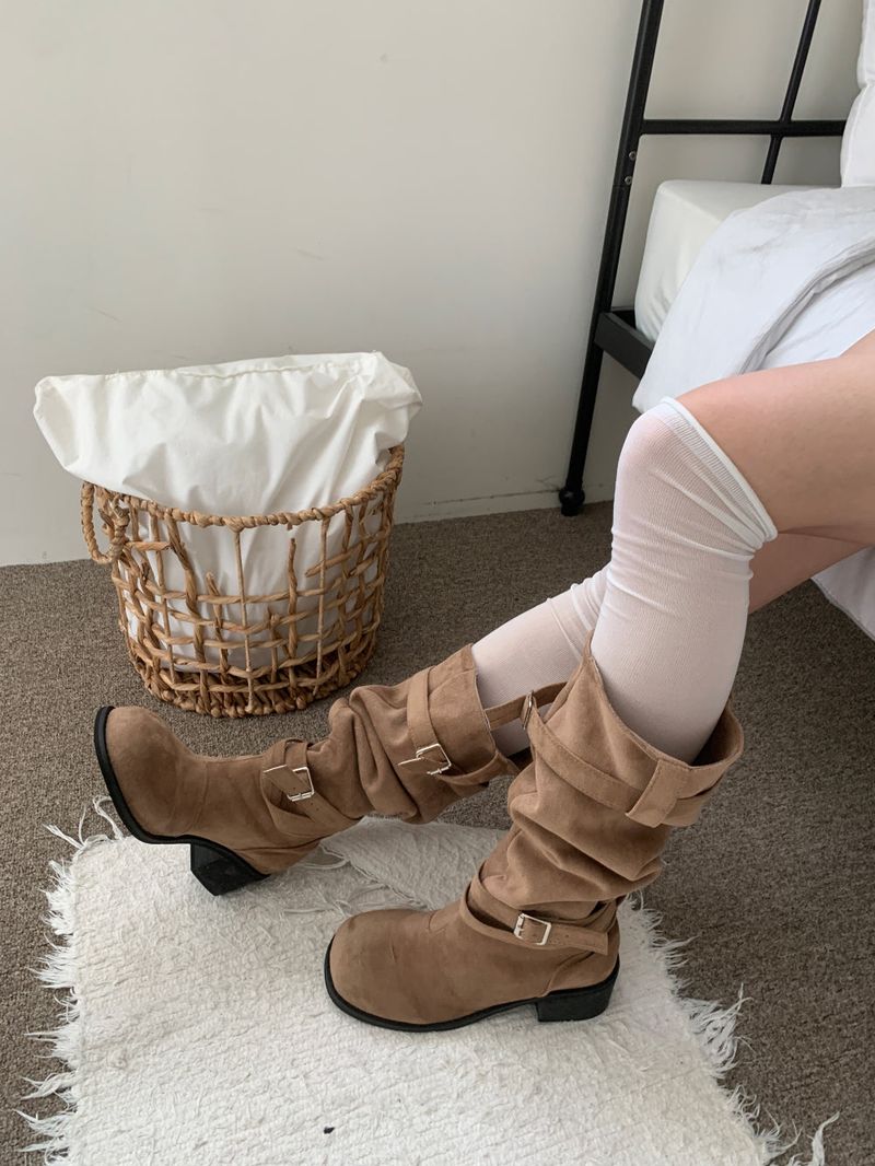 Rustle Buckle Strap Soft Slouch Suede Long Boots
