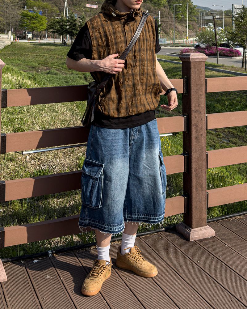 Crinkle Check Hooded Anorak Vest
