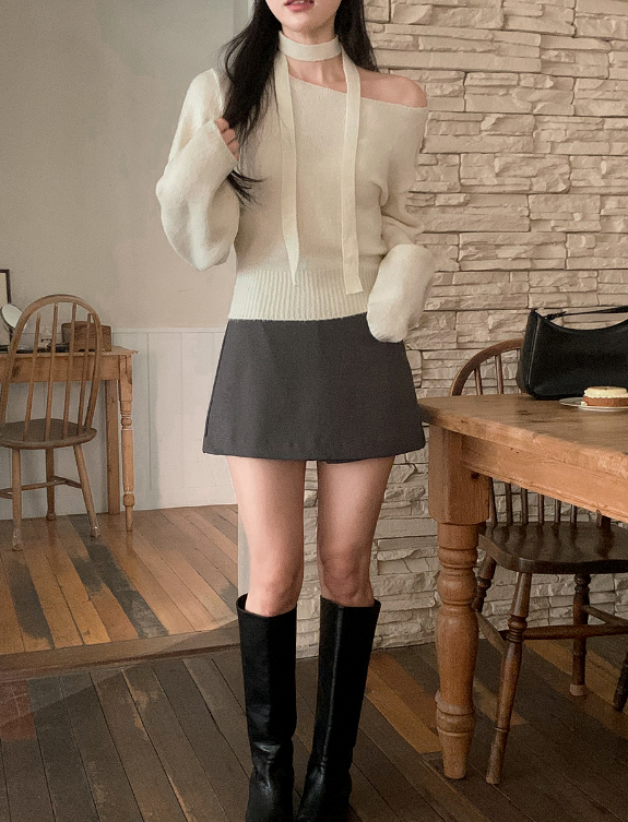 PV One Shoulder Knit + Tie Set (6color)