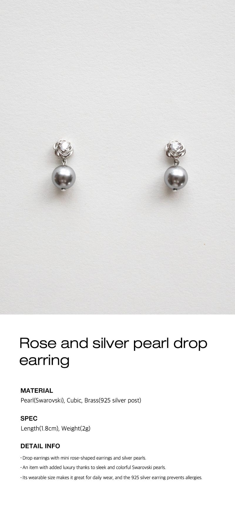 Rose and silver pearl drop earring