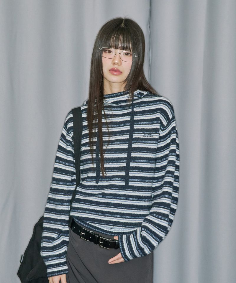 ODDSTUDIO（オッドスタジオ）の「Stripe Turtleneck Balloonfit Hood Knit - NAVY（Tops）」