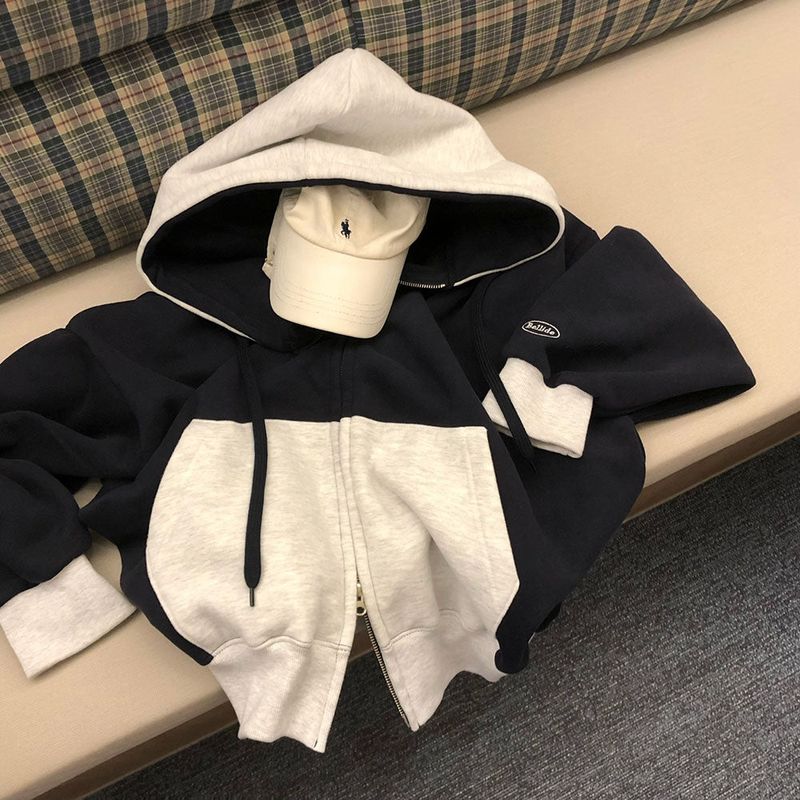 [BELLIDE MADE] two-tone coloring wool boxy hooded zip-up