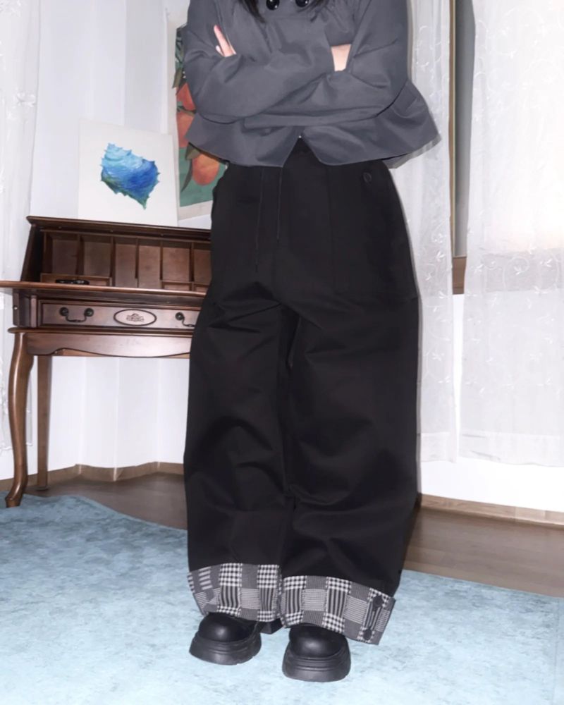 (2color) Check Button Roll-Up Wide Pants
