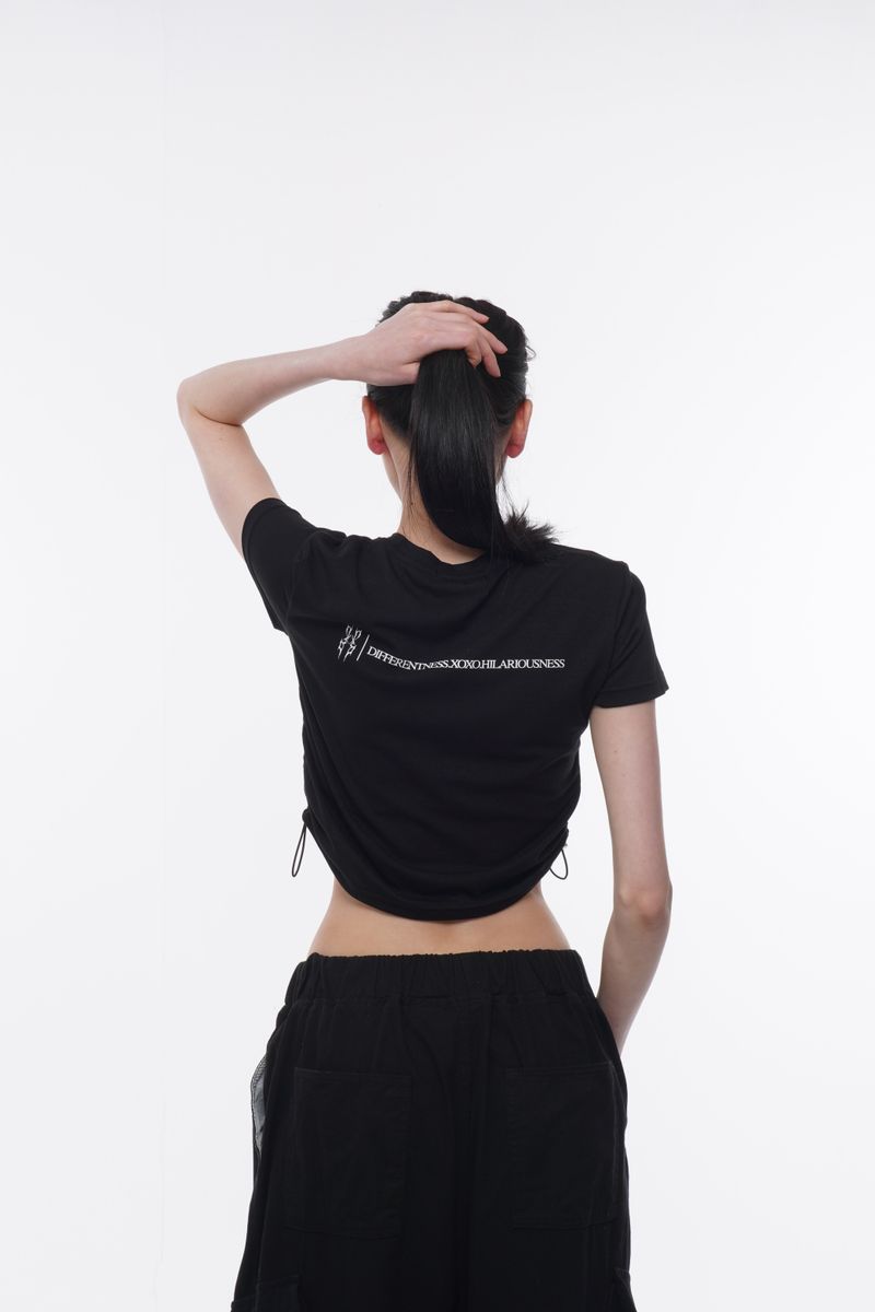 SLOGAN SIDE STRING CROP T-SHIRT