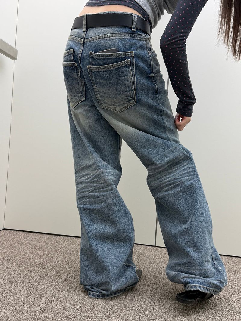  Double back pocket wrinkle denim pants(2color)