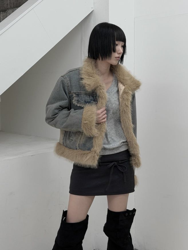 Fur trimmed quilted denim jacket