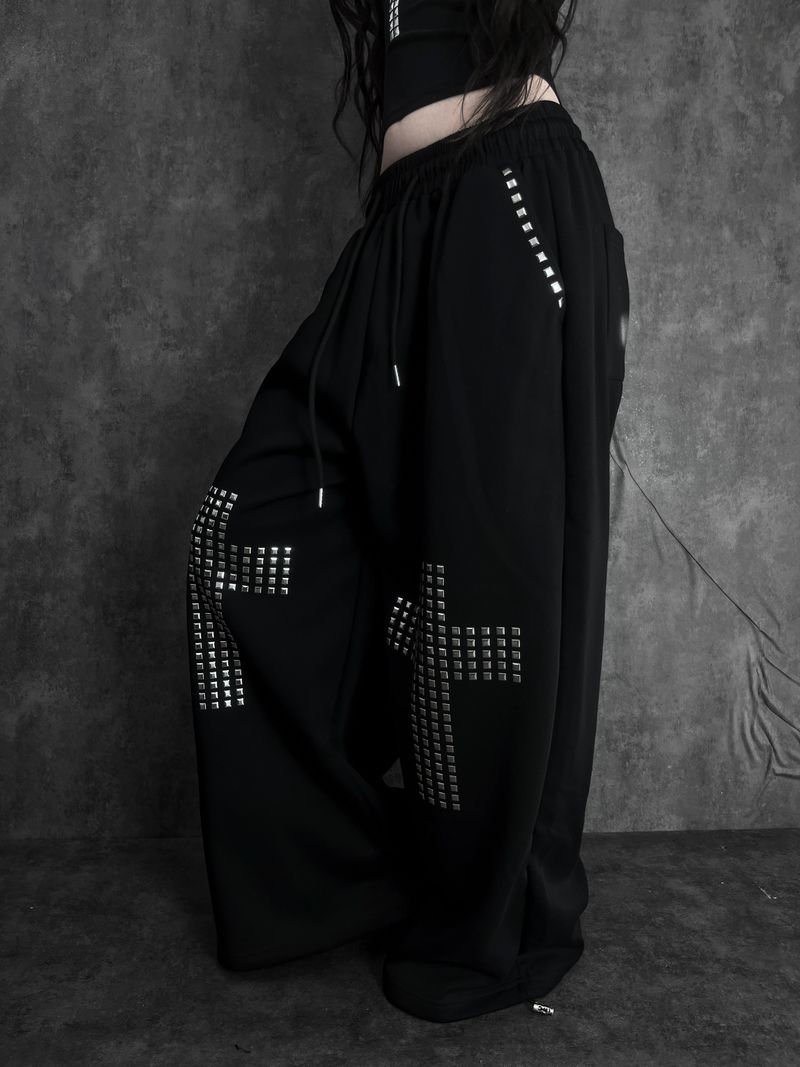 metal stud cross wide pants