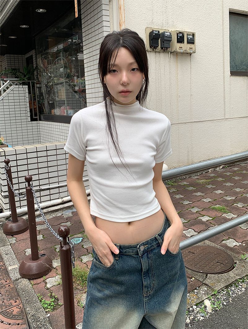 RIBBED HALF NECK TEE (4C)