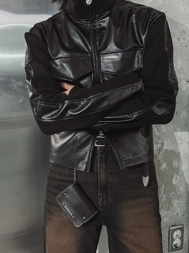 [LANARCH] Amber Leather Pocket Neck Zip-Up