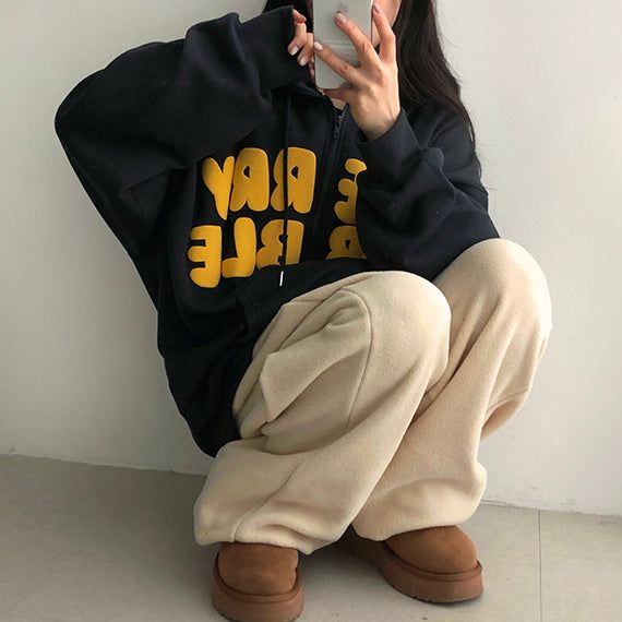 Nubon boxy napping embossed lettering hooded zip-up