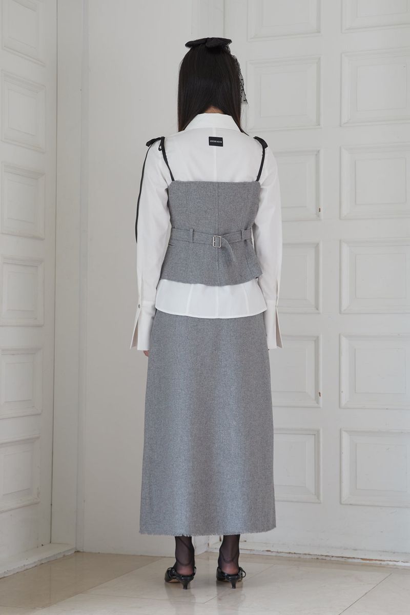 BUCKLE FRINGE LONG SKIRT (GRAY)