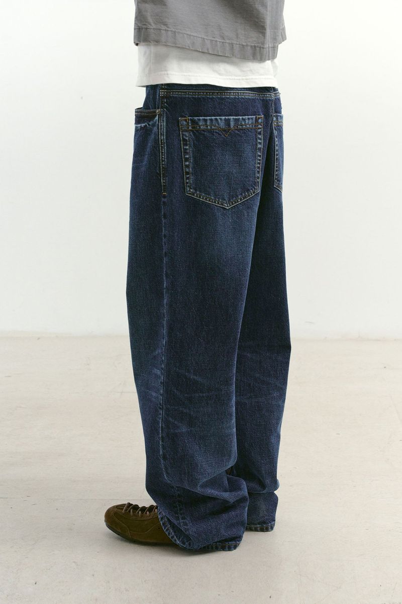 Loose Straight Biker Denim Pants (Washed Navy)