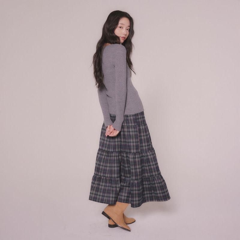 mellotory(メロートリー)の「CHECK CANCAN LONG SKIRT (NAVY)(Skirts)」