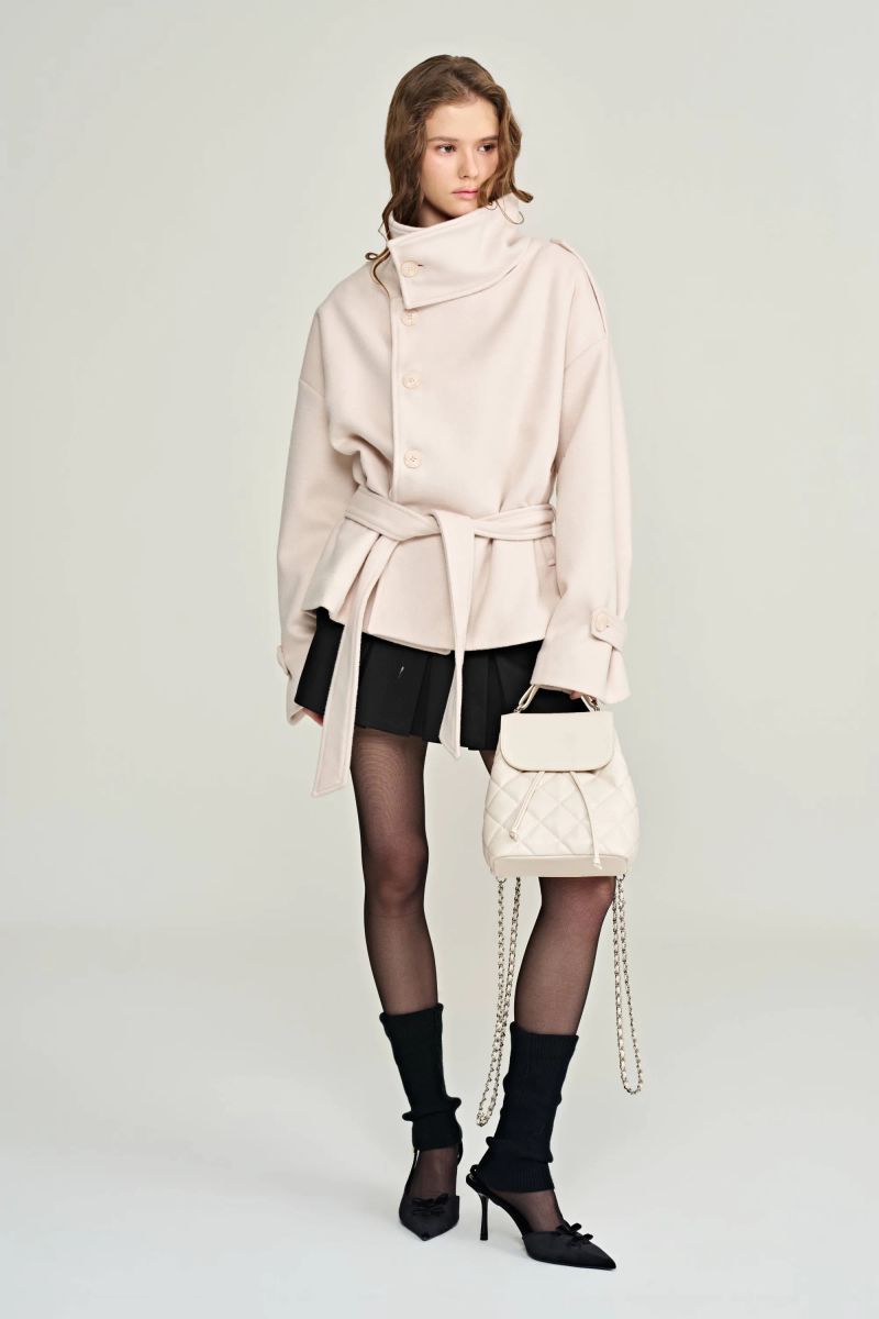 Cream rose high-neck wool coat, Baby Pink