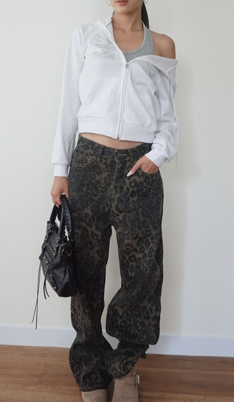leopard denim pants