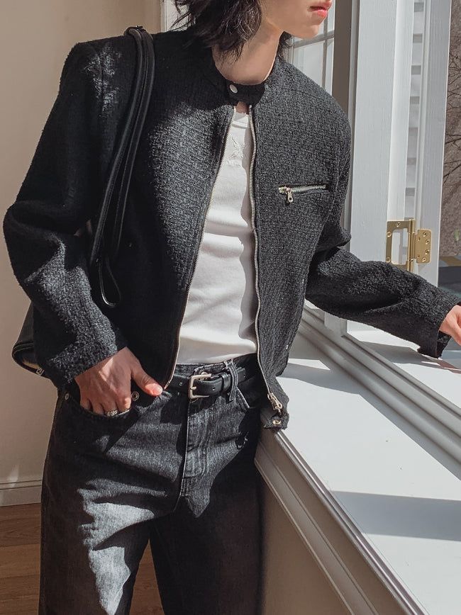 Heather Tweed Biker Crop Jacket