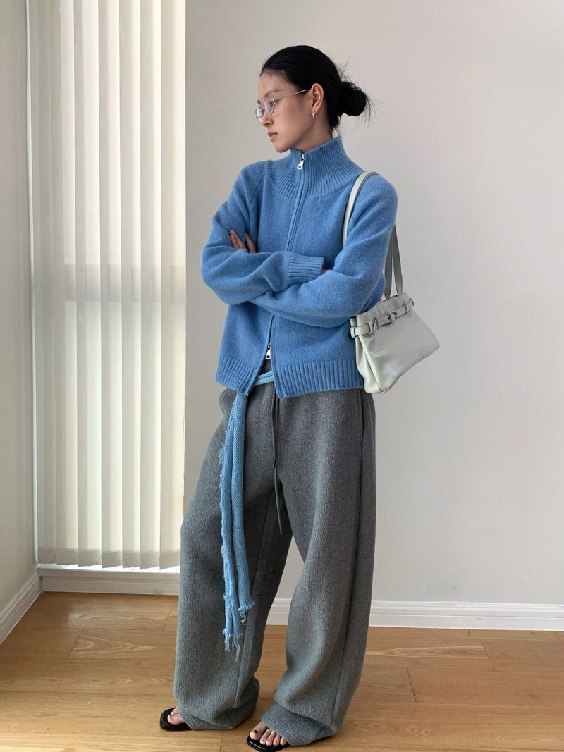 Stand Collar High Neck Zip-Up Long Sleeve Knitwear
