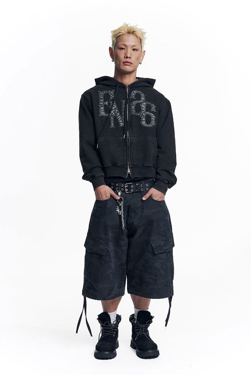 Washed Leather Patch Hooded Zip-Up - Black