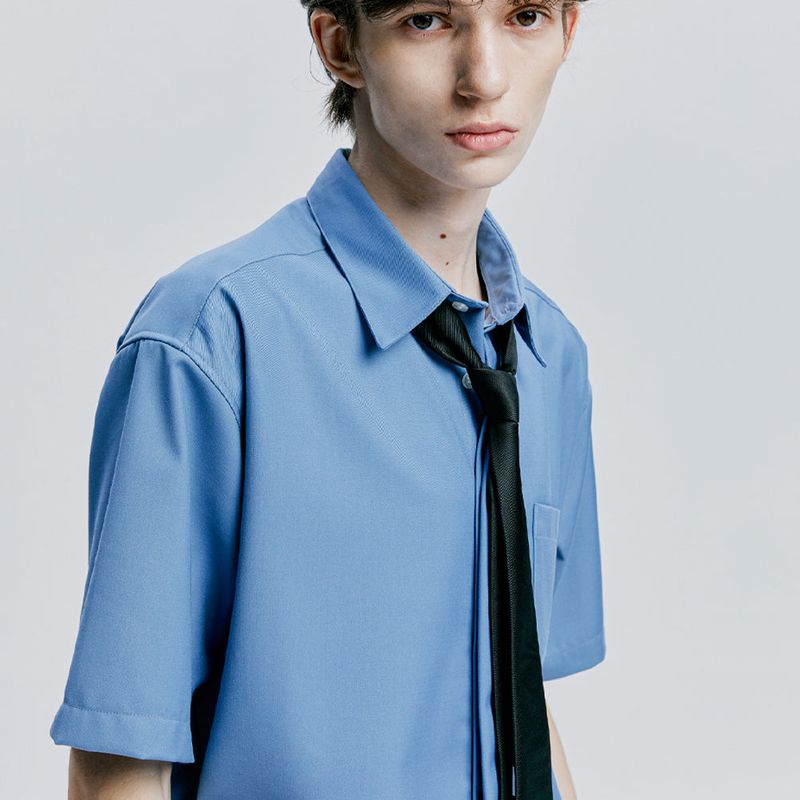 [SLIMTIE SET]fine twill tip half shirt sky blue
