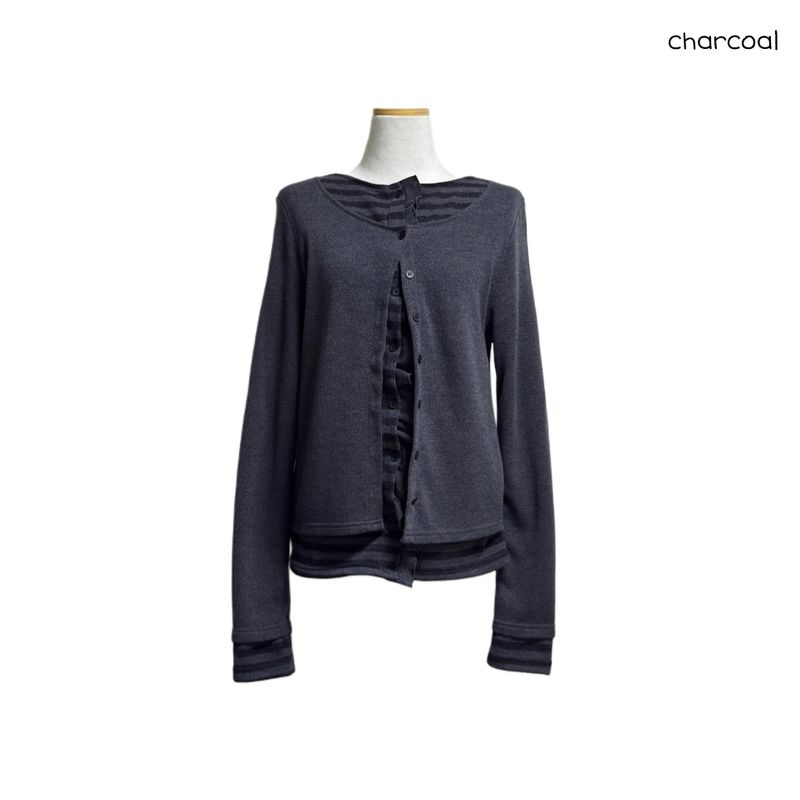 (3color) Ruffle Stripe Layered Cardigan