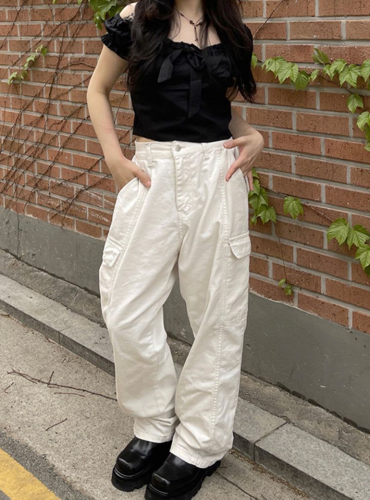 Stitch Wide Cotton Cargo Pants