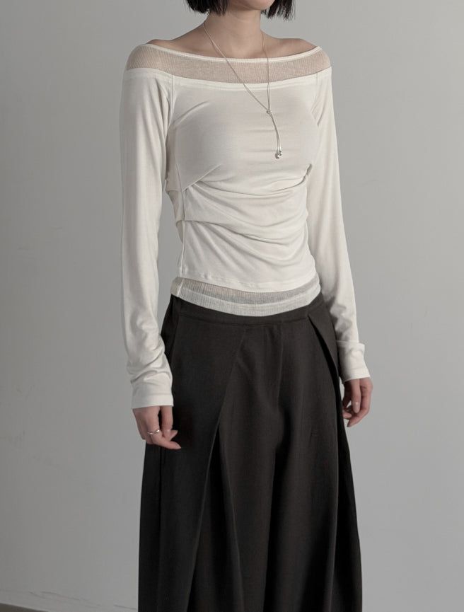 mnem(ムネム)の「Ribbed Color Matching Layered Pintuck Boat Neck Tee(Tops)」