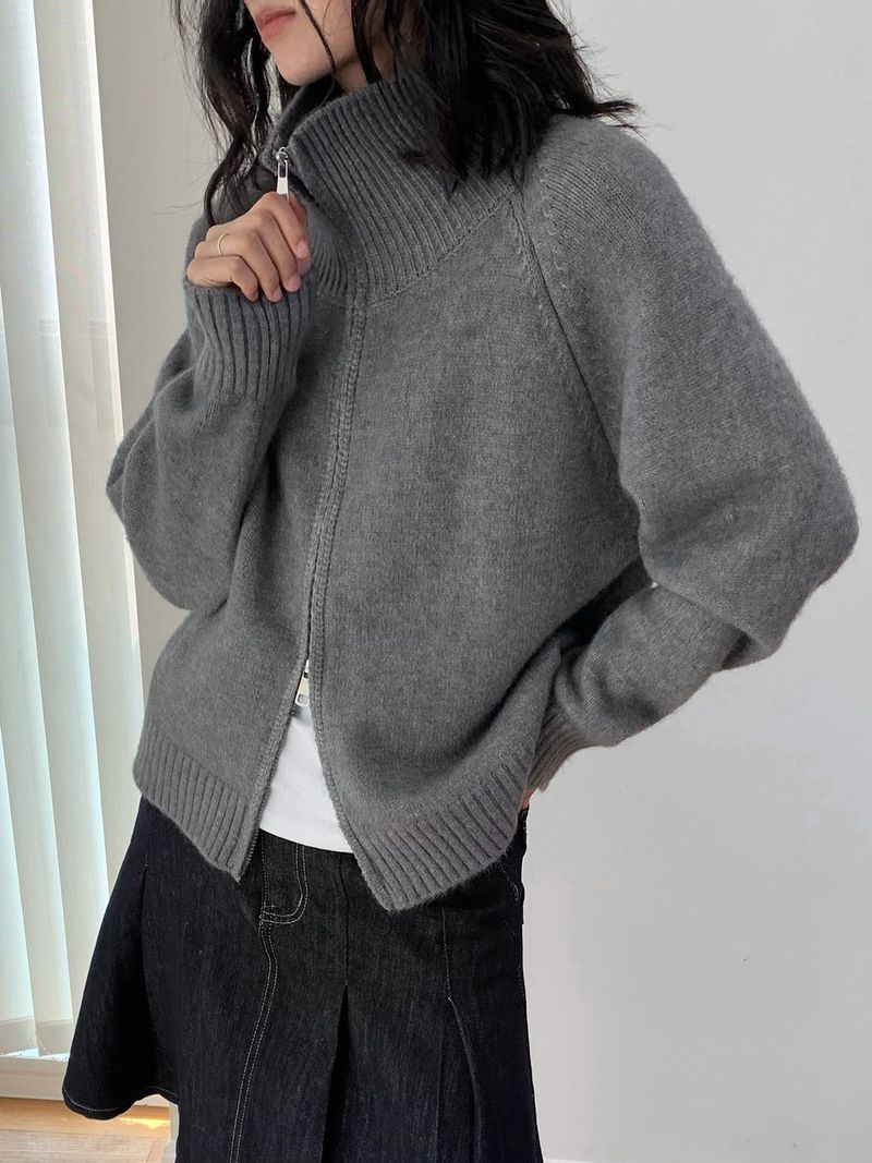 Stand Collar High Neck Zip-Up Long Sleeve Knitwear