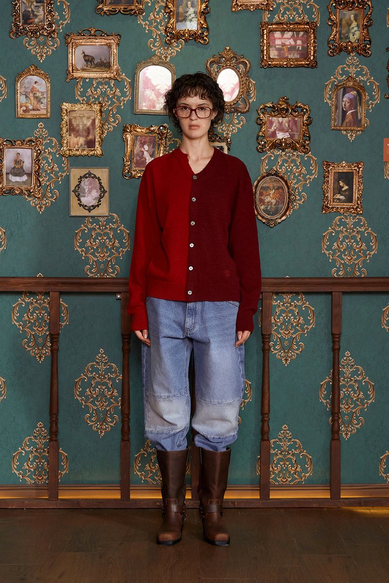 ASYMMETRY WOOL CARDIGAN / WINE&RED