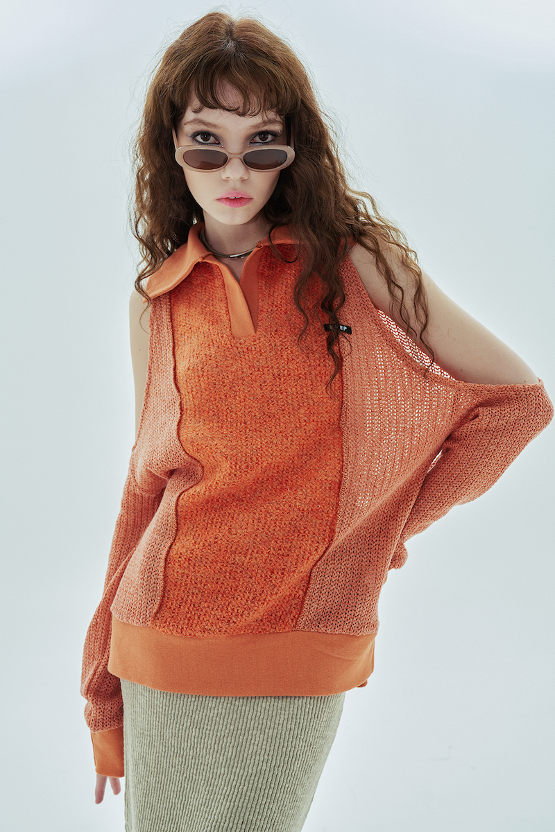 hole collar knit_orange