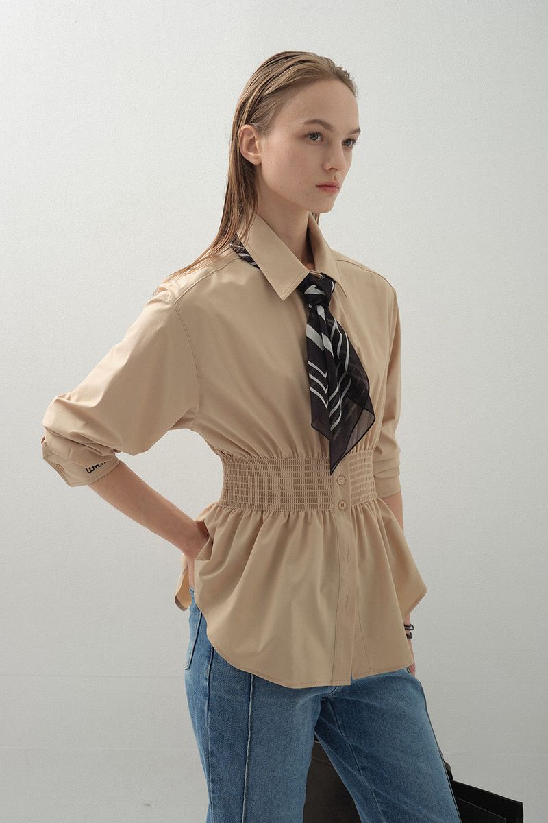 Curve Waist Stretch Shirt_Beige