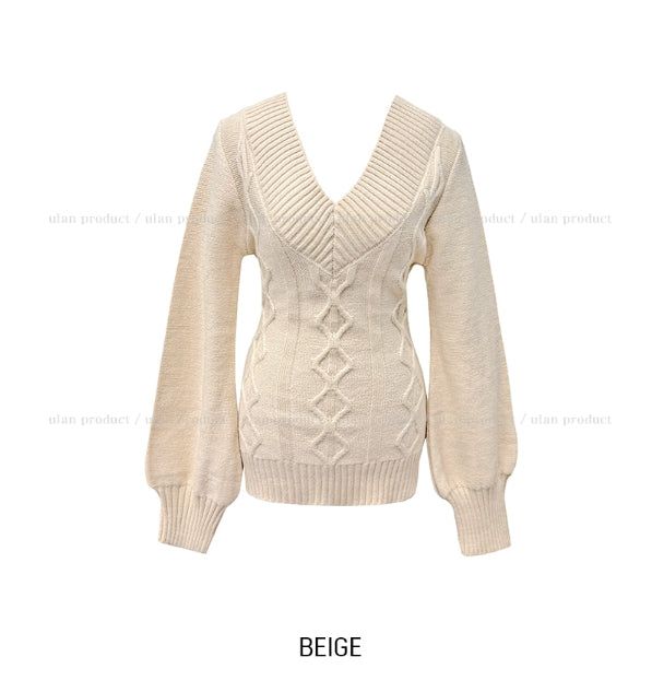 Div Long Slim Cable V-neck Knit