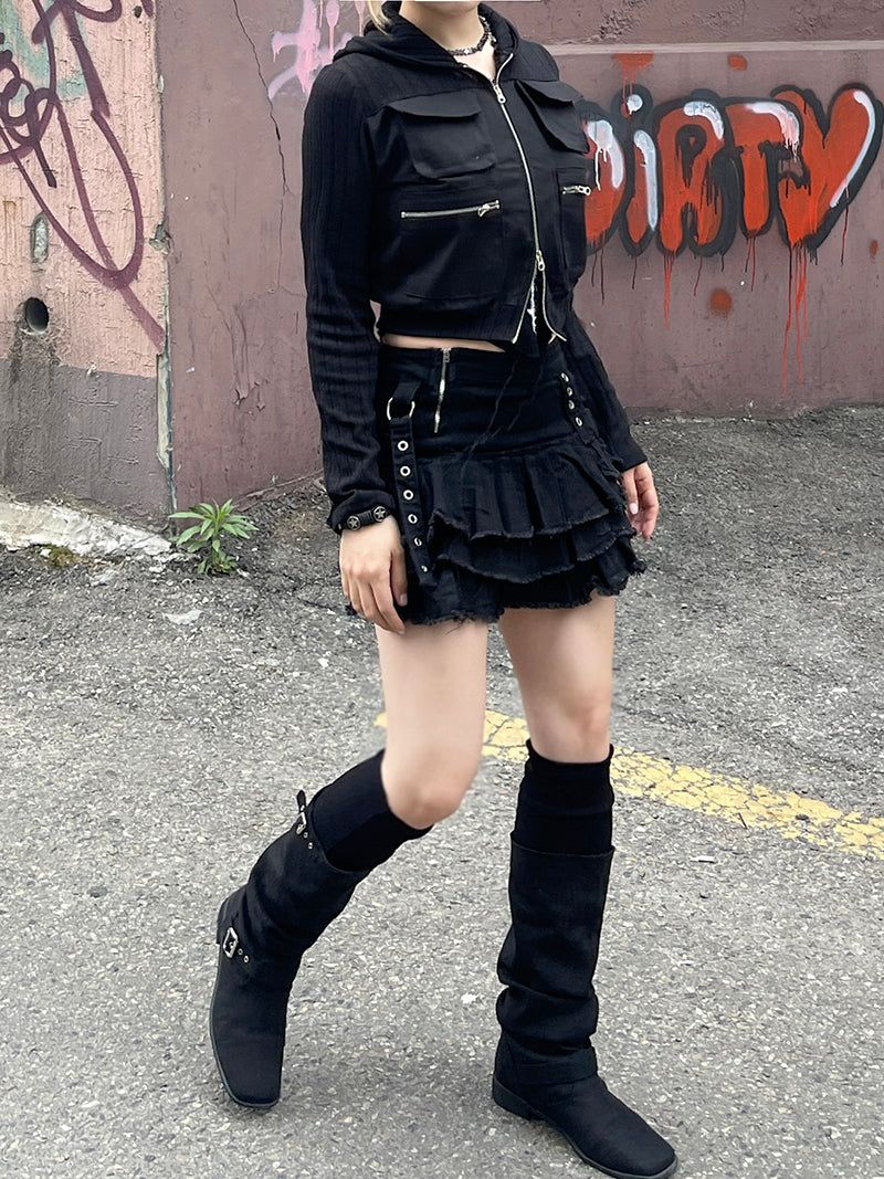 Cropped Two-Way Cargo Hood Zip-Up