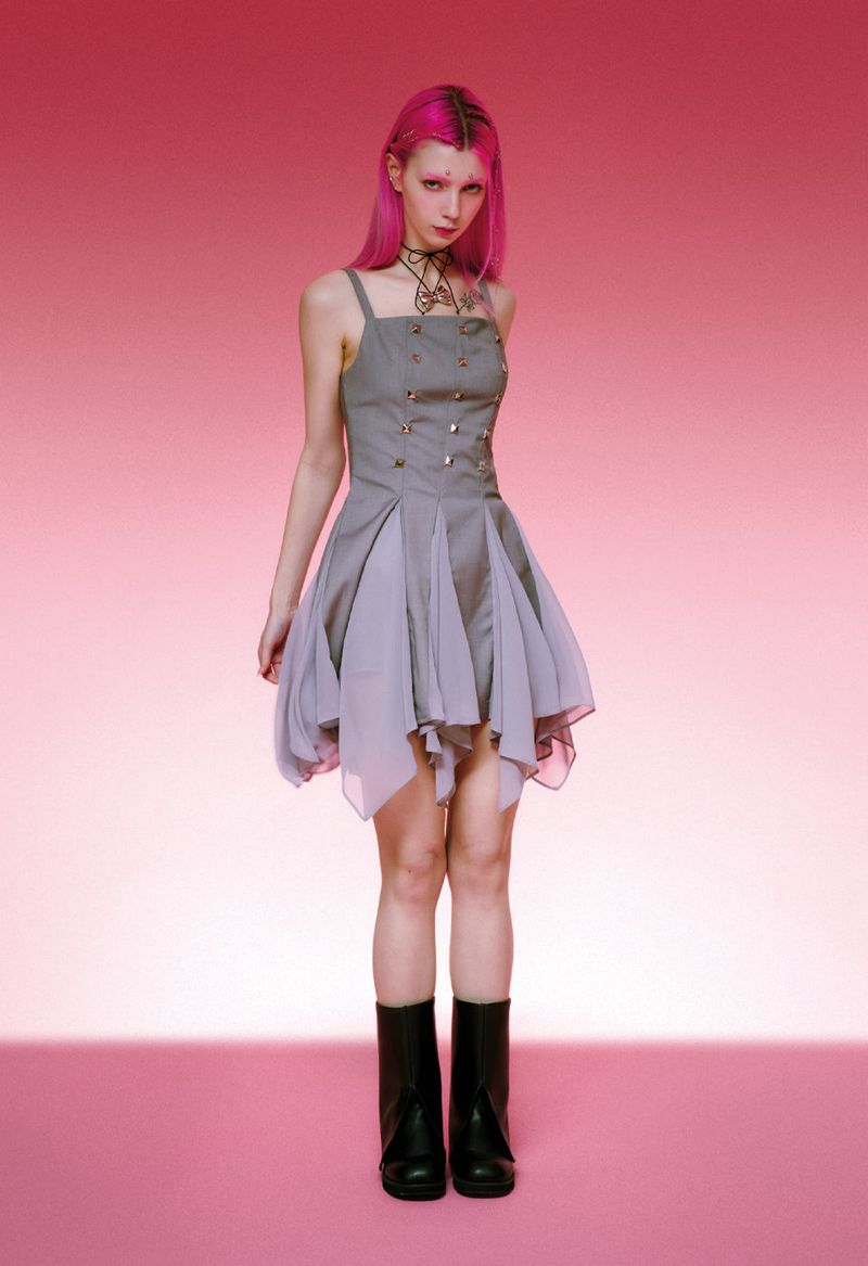  STUDDED GODET DRESS (GRAY)