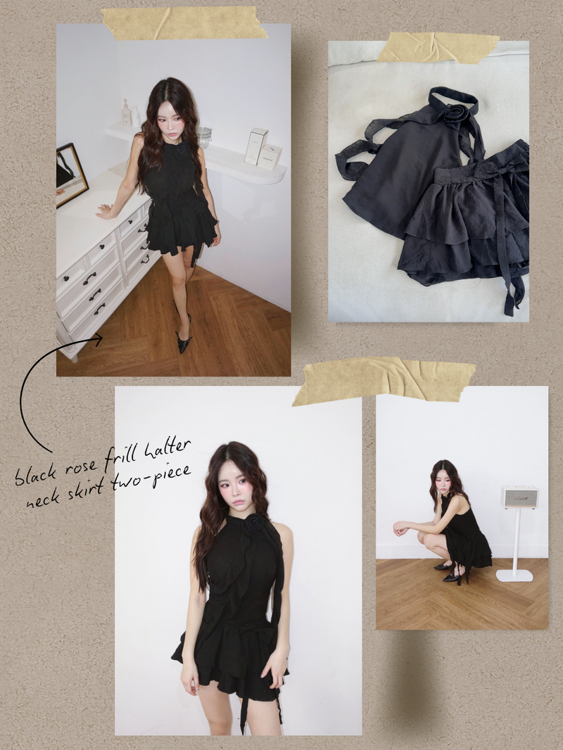 black rose frill halter neck skirt two-piece