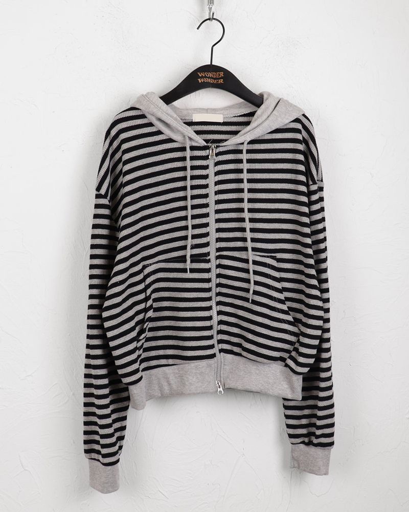 Ternet color striped two-way waffle hood zip-up