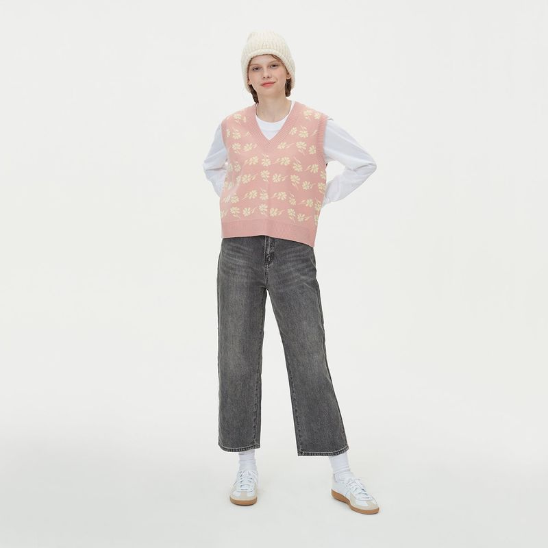 FLOWER JAQUARD KNIT VEST_PINK