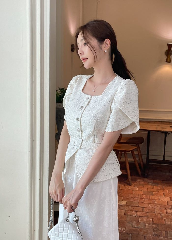 Beno Square Spangled Tulip Tweed Jacket (Belt Set)