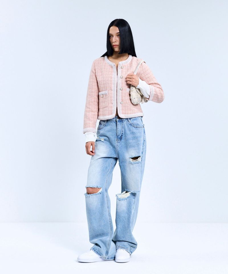vivabrown（ビバブラウン）の「85-VIVAJ050 Line Point Crop Tweed Jacket Pink（Jackets/Outerwear）」