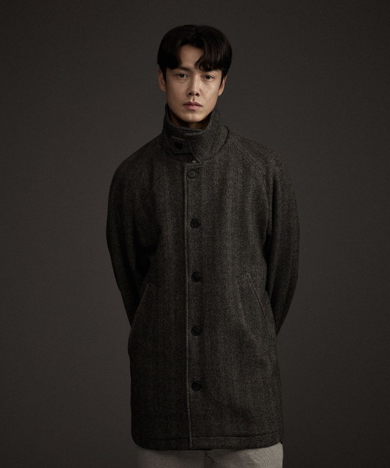 BALMACAAN HERRINGBONE WOOL CASHMERE HALF COAT BLACK