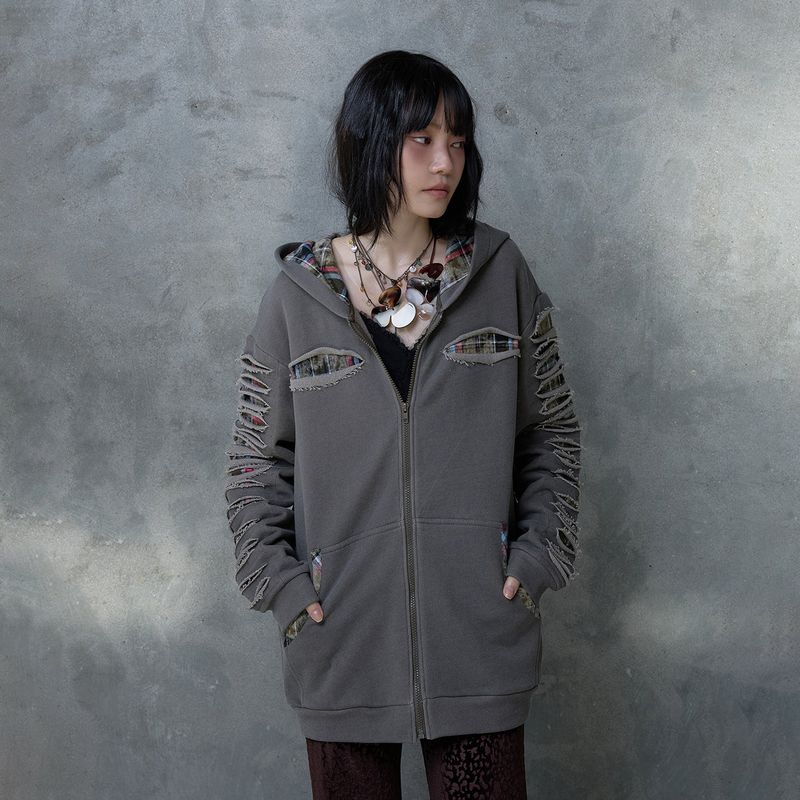 SLASHED CHECK HOODIE: BROWN