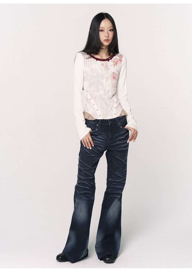 CONFUN Design sense three-dimensional cat whiskers, aged washed flared jeans style