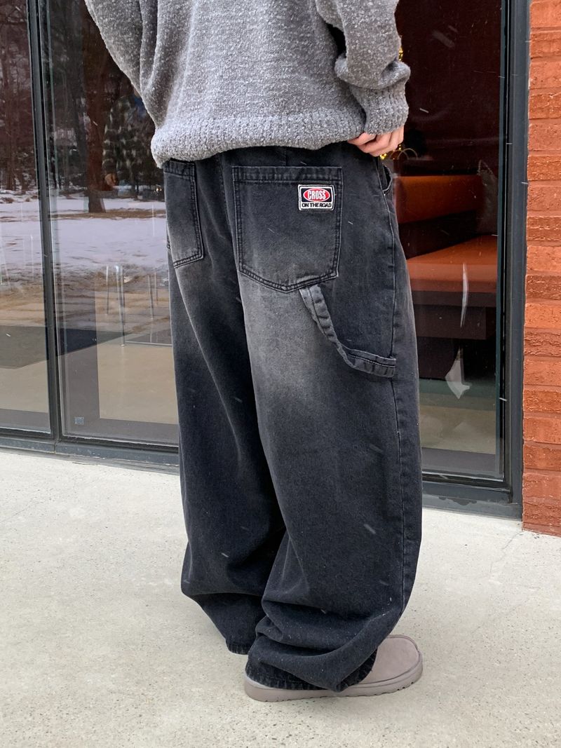 Work vintage patch banding denim pants